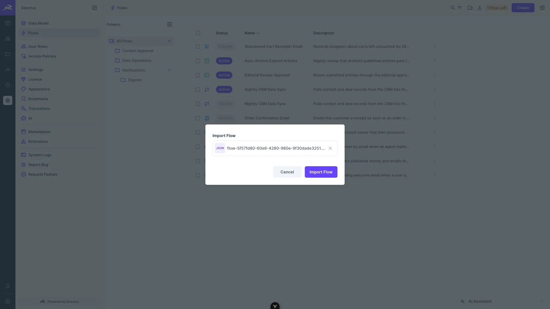 The Import panel in the Flows page sidebar