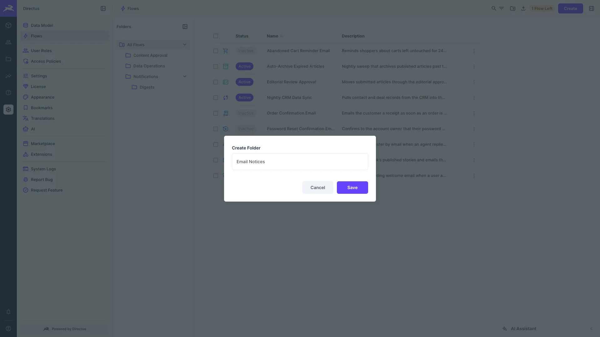 The Create Folder dialog on the Flows page